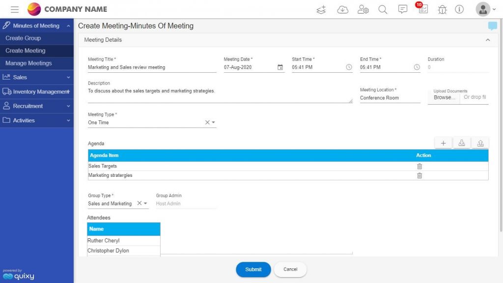 Meeting Management solution - create meeting