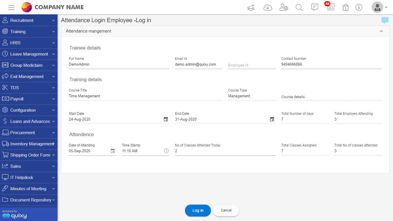 Attendance Login - Quixy SS