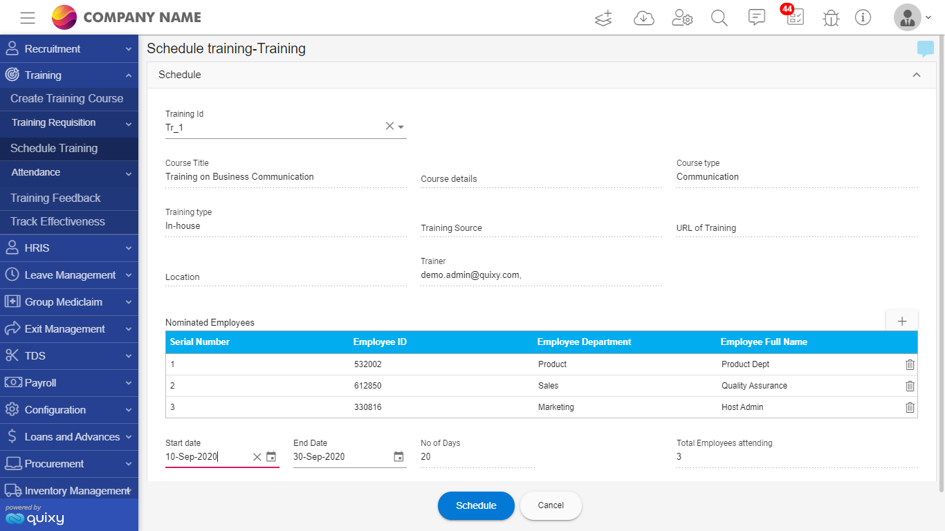 Schedule Training - Quixy SS