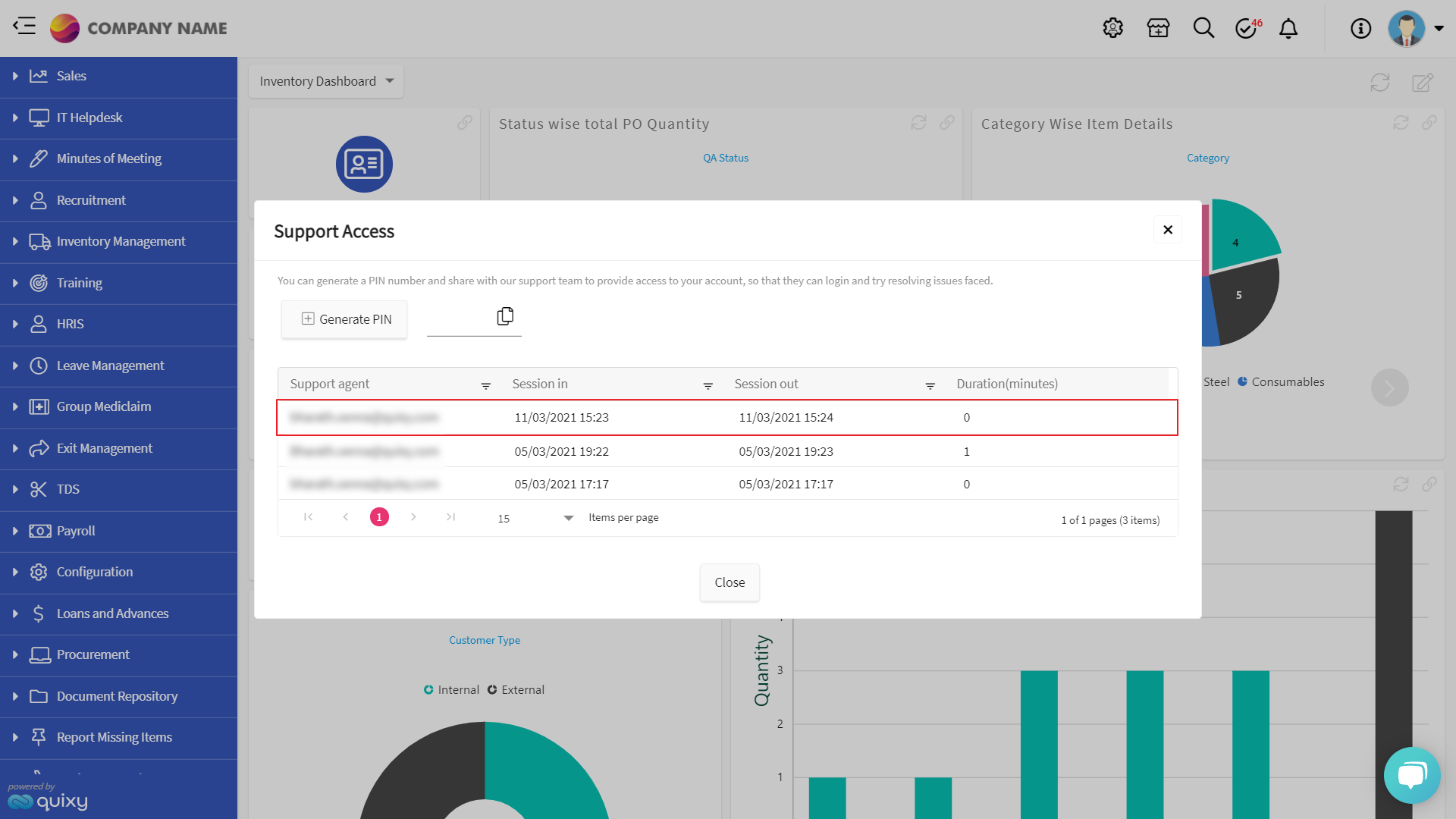 Quixy Session Details for Security Customer Support Access