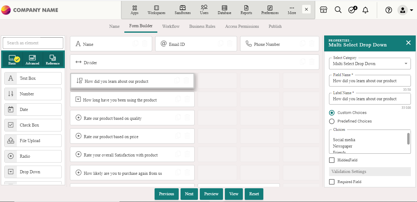 Creating a form with a set of Questions