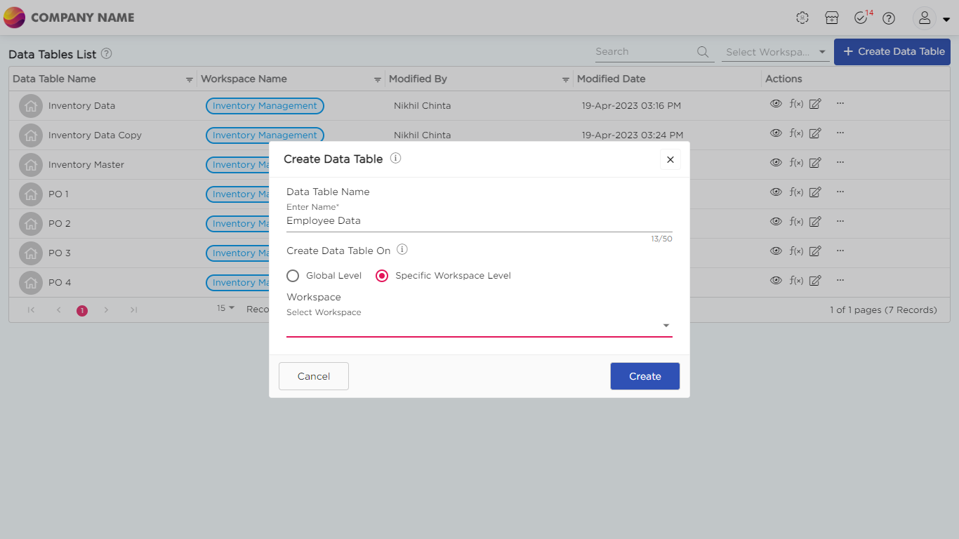 Create data table